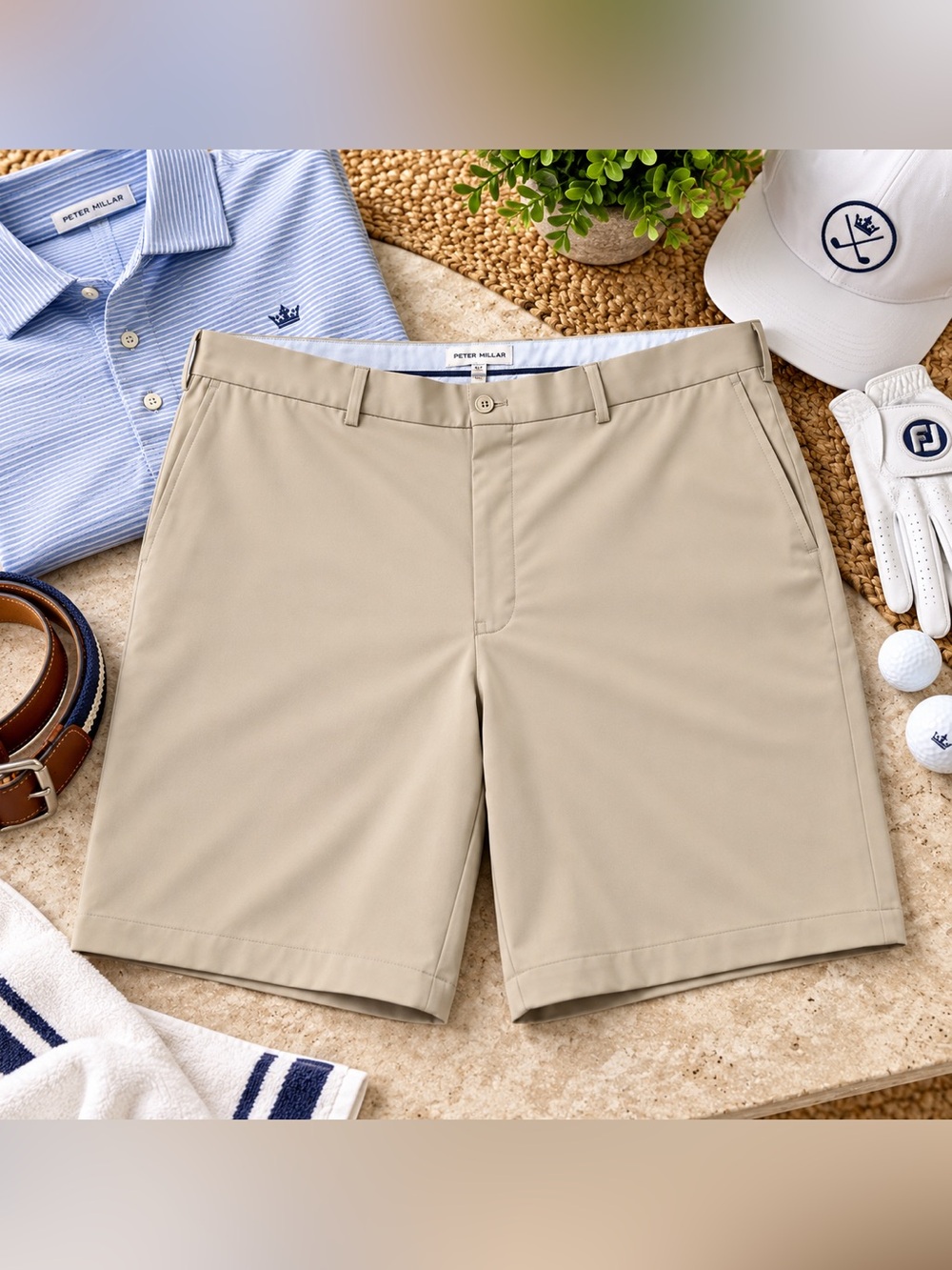 Peter Millar Men’s 42 Performance Golf Shorts Khaki Stretch 9” Inseam